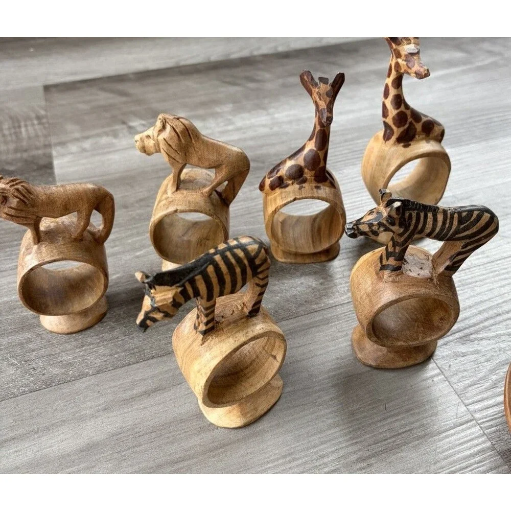 Vtg African Safari Hand Carved Wood Napkin Rings Zebra Bowls Set Animal Folk Art